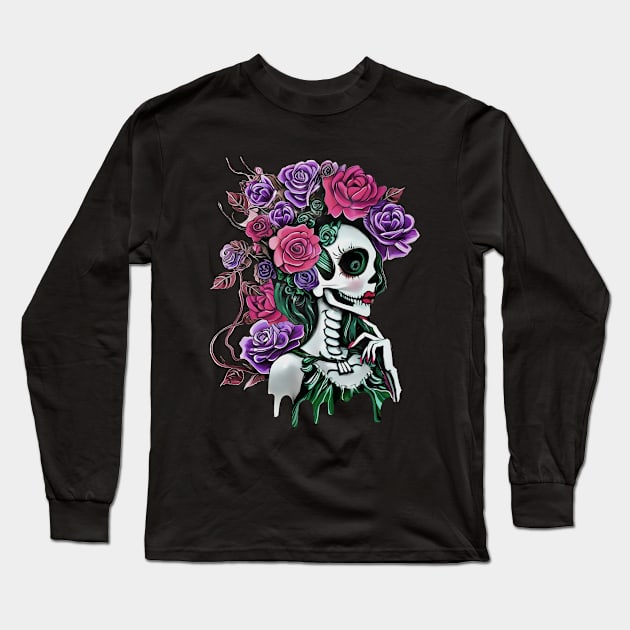 La catrina, calavera, Lady skull, sugar skull, dark, skeletons lovers, cool skulls, bones, gothic floral lady Long Sleeve T-Shirt by Collagedream